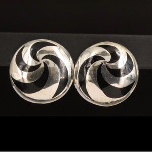 Vintage Mexican Sterling Silver Large Black Inlay Earrings